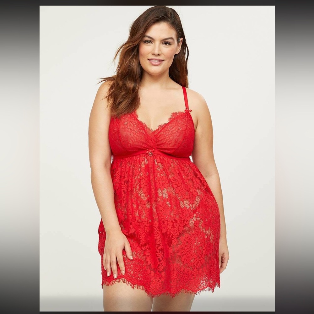 Cacique red lacy babydoll gown sz 14/16 straps bows feminine flirty sexy EUC